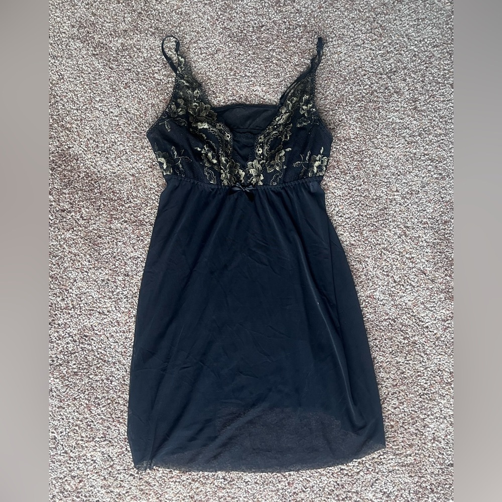 Vintage Black and Gold Embroidered‎ Lace Babydoll Chemise Dress